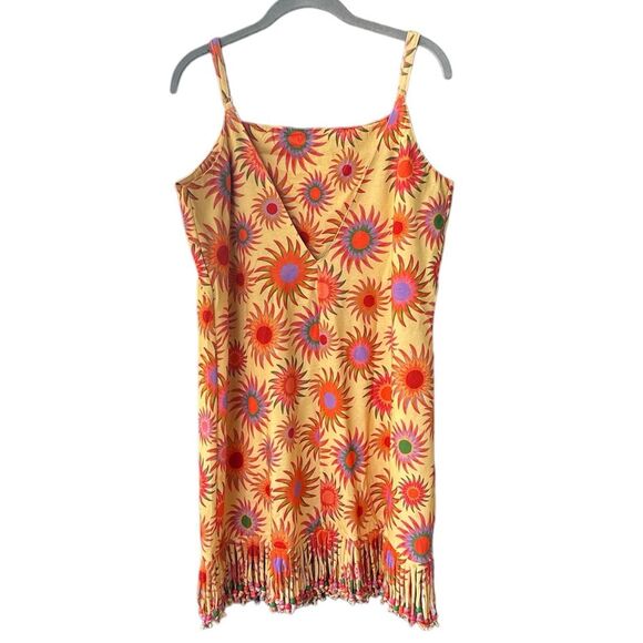 Farm Rio Anthropologie Slim Fringe Mini Dress Sun Motif Yellow Size XL NWT - Picture 4 of 8